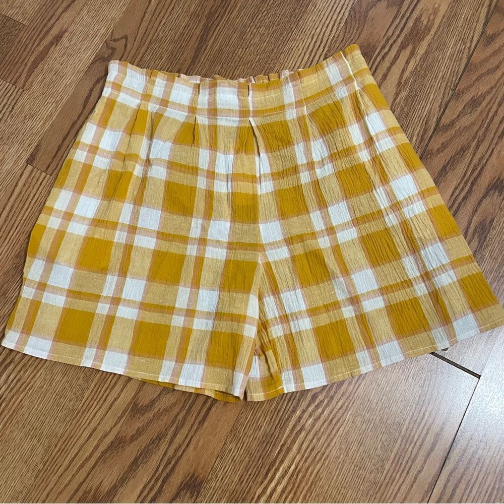 MNG by Mango High Waisted Cotton Yellow Plaid Shorts Sz-L NWT!